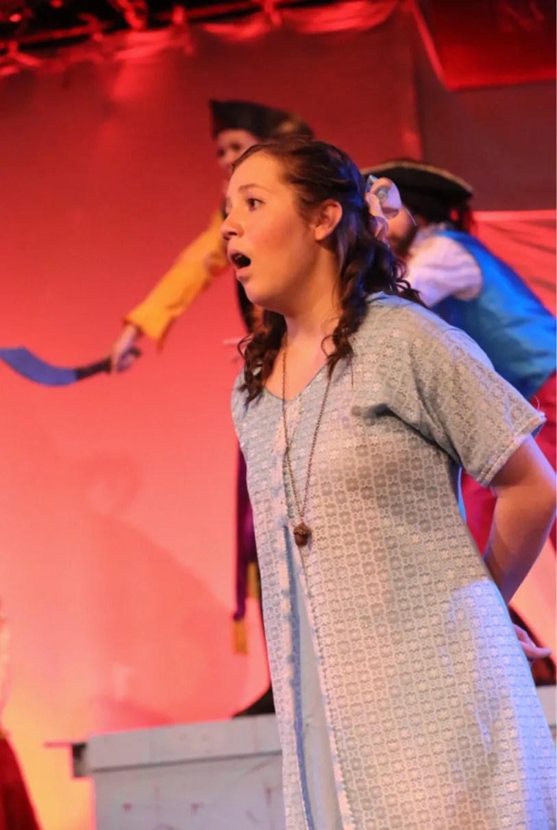 A female performer in a blue patterned dress, expressing surprise or shock on stage, with other performers in colorful costumes in the background.